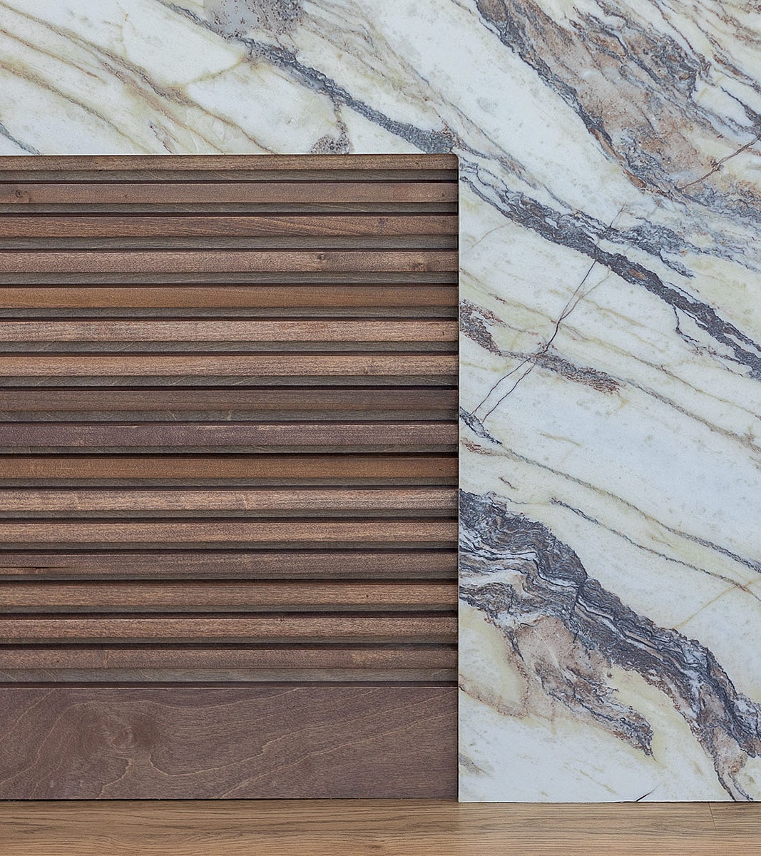 Wood and marble panel texture contrast.