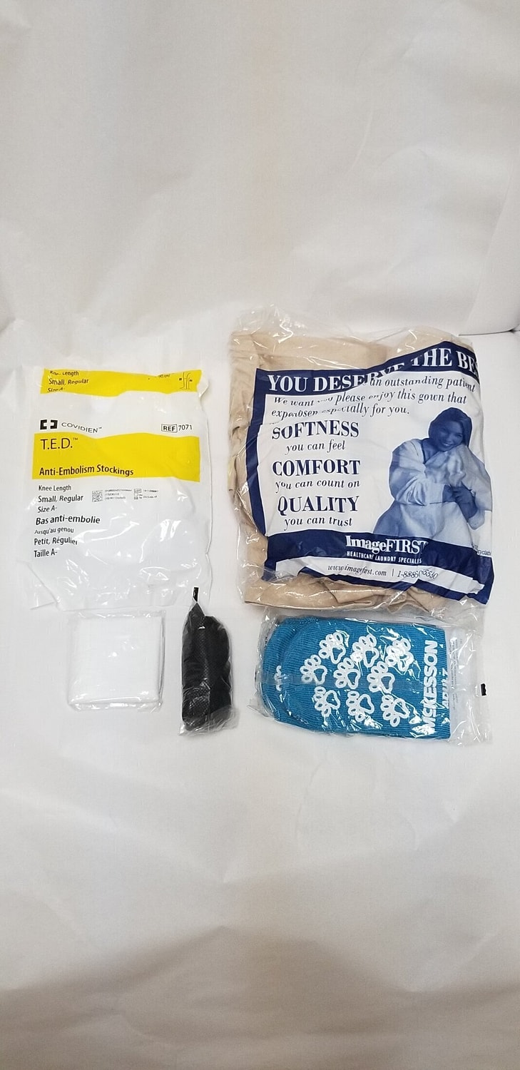 Medical supplies including anti-embolism stockings and gown